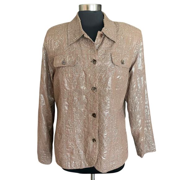 Coldwater Creek Taupe Shimmer Embroidered Cotton Blazer LARGE Work Career Travel - Picture 1 of 8
